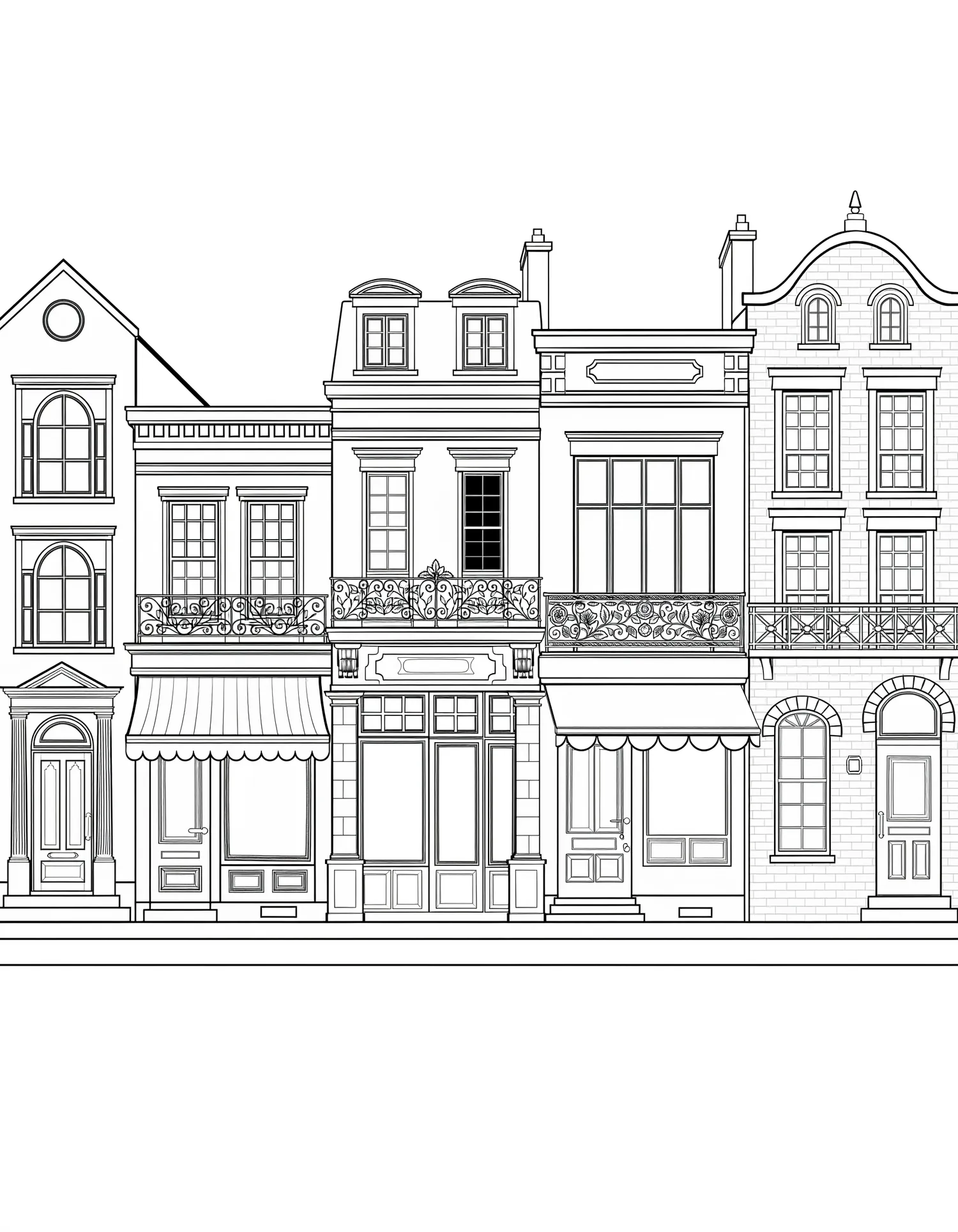 Façades Anciennes en Rangée — Coloriage architecture à imprimer gratuitement